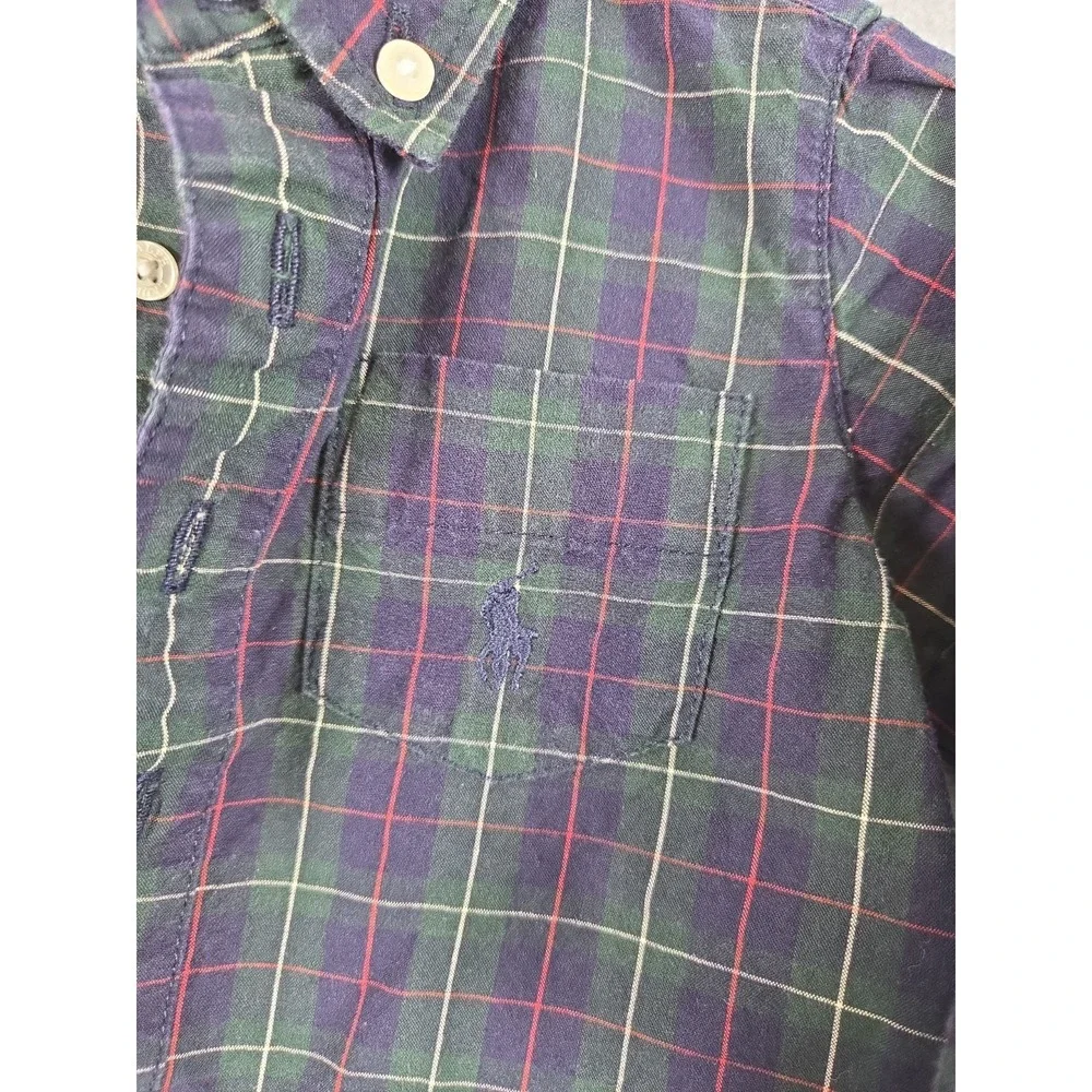 Ralph Lauren Baby Boy 3-6 Months Plaid Romper Jumpsuit Blue Green Pony Logo